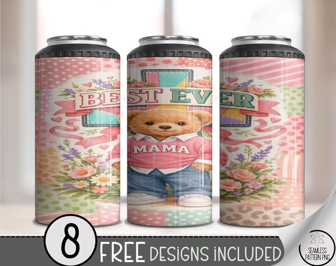 Best Mom Bear 4 in 1 Can Cooler Wrap, Mothers Day Sublimation Design, Watercolor Teddy Bear 16 oz 4-in-1 File, B10060