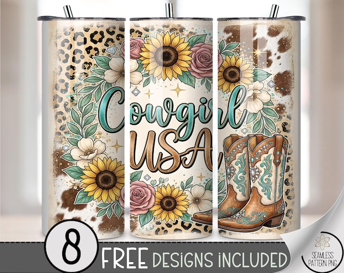 Cowgirl PNG 20 Oz Tumbler Wrap, Western 4Th Of July Sublimation Design, Leopard Print, Digital Download, B10109