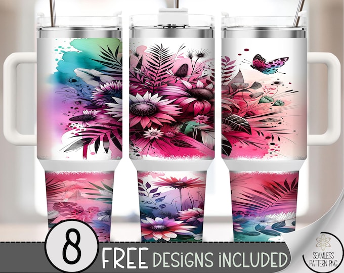 Watercolor Floral 40 oz Tumbler Wrap PNG, Bright Daisy Sublimation Design, Butterfly Skinny Tumbler Wrap, Pink & Teal Flower Art, A347