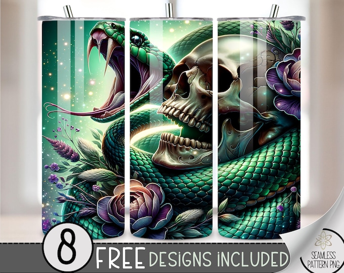 Gothic Skull Tumbler Wrap, Vibrant Flower 20oz Skinny Tumbler Sublimation Design, Snake Tumbler Wrap File, Floral Skull Striking Snake PNG
