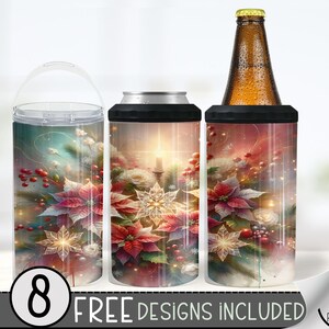 Christmas 4 In 1 Can Cooler Tumbler Wrap, Winter Sublimation Design, Xmas 16 Oz Slim, Floral Holiday 16 Oz Can Cooler Sublimation Design