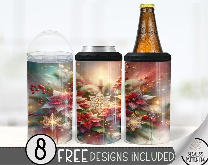 Christmas 4 In 1 Can Cooler Tumbler Wrap, Winter Sublimation Design, Xmas 16 Oz Slim, Floral Holiday 16 Oz Can Cooler Sublimation Design