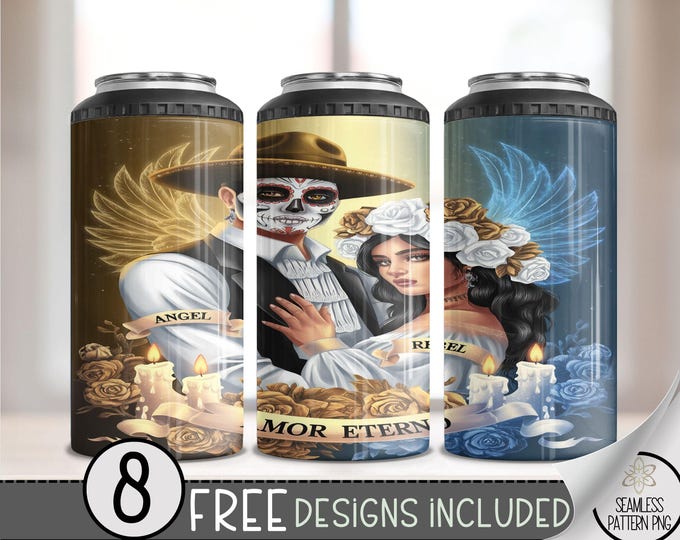 LA Chicano Girl Couple Cholo Couple 4in1 Can Cooler Wrap, Floral 4 in 1 Tumbler PNG, LA Sugar Skull 16 Oz Can Cooler Sublimation Design
