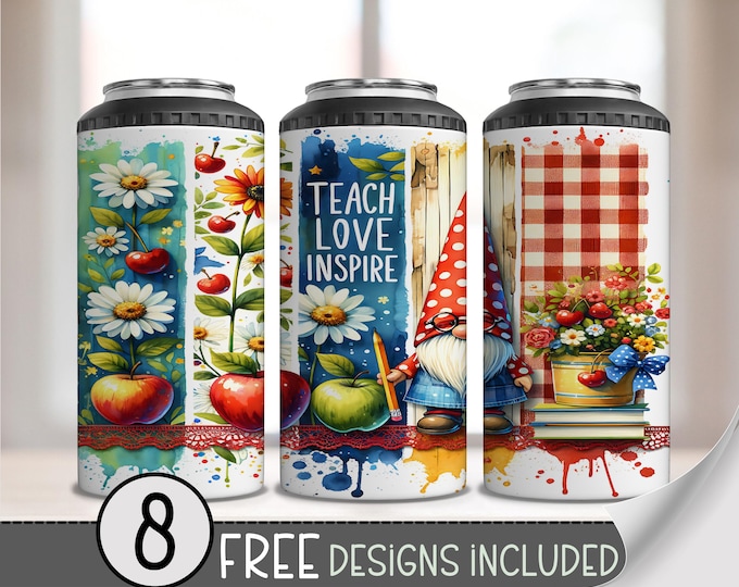 Teach Love Inspire 4in1 Can Cooler PNG, Cute Teacher Gnome Sublimation Wrap, Back to School 16oz Can Hugger Design,Teacher Appreciation A215