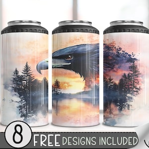 Eagle Boho 4in1 Can Cooler Wrap, Sunset Lake 4 in 1 Tumbler PNG,Seamless Ethereal 16 Oz Can Cooler Sublimation Design,Forest Tree Can Cooler