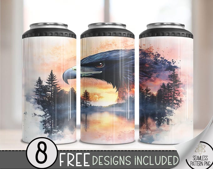 Eagle Boho 4in1 Can Cooler Wrap, Sunset Lake 4 in 1 Tumbler PNG,Seamless Ethereal 16 Oz Can Cooler Sublimation Design,Forest Tree Can Cooler
