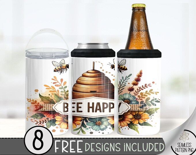 Bee Themed Can Cooler Design, Affirmation Sublimation Design,Watercolor Bee 4 In 1 Can Cooler,Bee Happy 16 oz Can Holder Design Wrap, A181