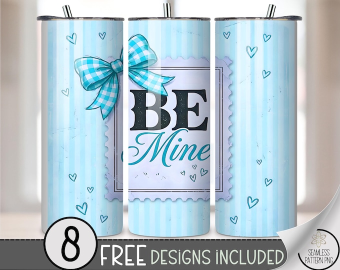 Be Mine Stamp 20 oz Tumbler Wrap PNG, Trendy Coquette Heart Design for Women, Digital Download, Sky Blue Sublimation, B742
