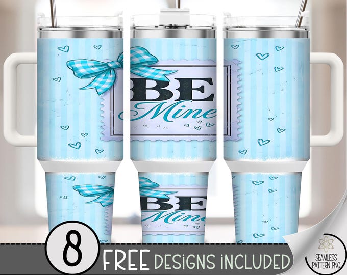Be Mine Stamp 40 oz Tumbler Wrap PNG, Trendy Coquette Heart Design for Women, Digital Download, Sky Blue Sublimation, B742