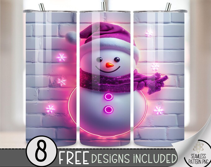 Neon Snowman Tumbler Wrap, Pretty 20 Oz Skinny Tumbler Sublimation Design, Winter Png Tumbler Wrap, Seamless PNG File Instant Download