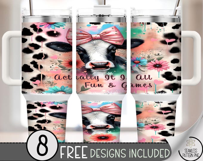 Cow 40 oz Tumbler Wrap, Farmhouse Sublimation Design, Cute Cow PNG Files, Pink Bow 40oz Tumbler Design, Tumbler Wrap PNG, B994