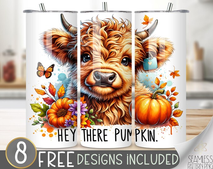 Highland Cow Tumbler Wrap, Hey There Pumpkin 20 oz Tumbler Sublimation Designs, Pumpkin  Cow Tumbler File, Cute Highland Cow Tumbler Design