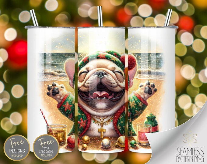 Cute French Bulldog, 20 oz Straight Tumbler Wrap Sublimation, Xmas Tumbler Design Files, Golden Christmas At The Beach Instant Download PNG