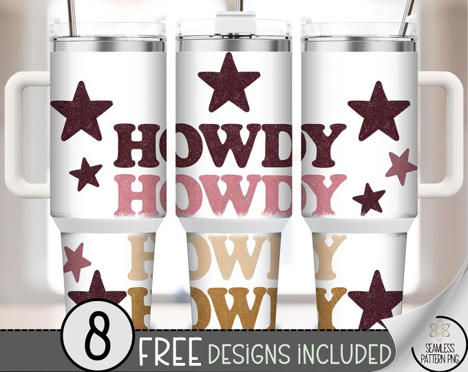 Howdy Tumbler Wrap PNG, Western Star Cowgirl 40 oz Skinny Wrap, Retro Howdy Glitter PNG, Country Rodeo Drink Cup Design A288
