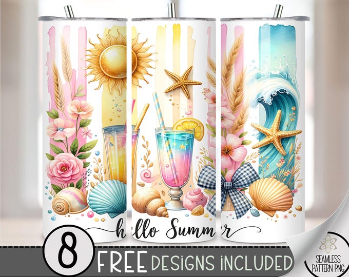 Hello Summer Tumbler Wrap, Beach Theme 20oz Skinny Tumbler Sublimation Design, Fun Summer Graphic Tumbler Wrap File PNG, Coast Ocean PNG A47