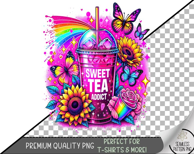 Sweet Tea T-Shirt Design, Tea Lover PNG, Iced tea Addict Design, Sunflower Clip Art Design, Funny Floral Shirt Design, Butterfly PNG, A193