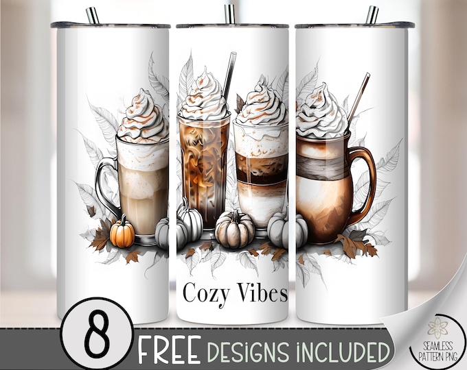 Autumn Coffee Drinks 20 oz Tumbler Wrap, Cozy Sublimation Design for Straight Tumblers, Warm PNG Files, Digital Download, B10300