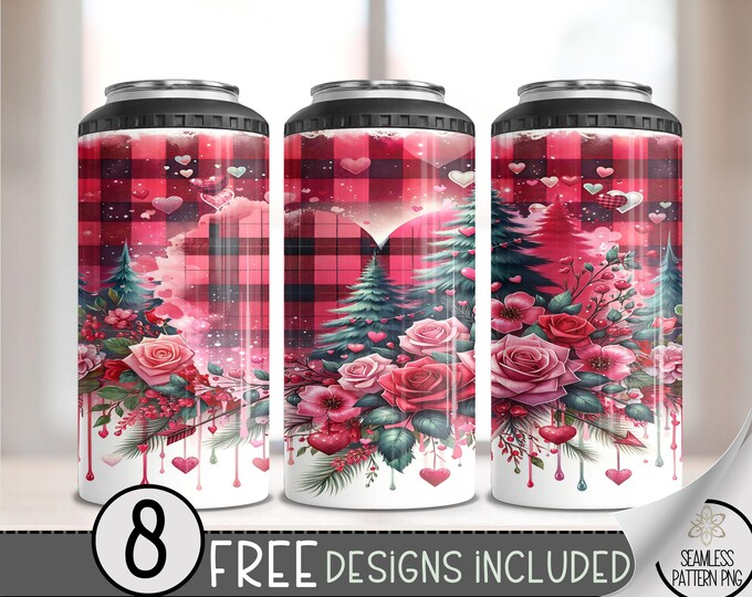 Seamless Valentine's Day 4 in 1 Can Cooler Wrap, Cute Heart 4in1 Tumbler PNG, Heart Pattern 16 Oz Can Cooler Sublimation Design, Vday Love
