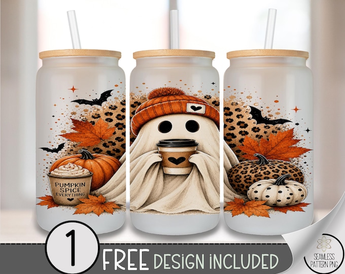 Halloween Ghost Glass Can Wrap, Autumn Coffee Sublimation Design, Fall Pumpkin PNG File, Digital Download, B10519