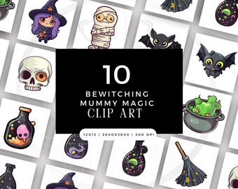 Digital Bewitching Mummy Magic Clip Art PNG JPG Bundle, Potion Cauldon Sublimation File, Witch Broom Skull Bats Clipart Pack Commercial