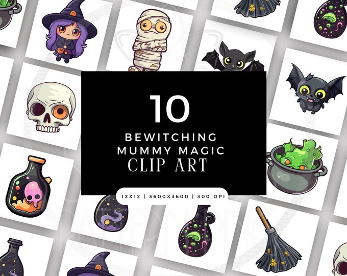 Digital Bewitching Mummy Magic Clip Art PNG JPG Bundle, Potion Cauldon Sublimation File, Witch Broom Skull Bats Clipart Pack Commercial
