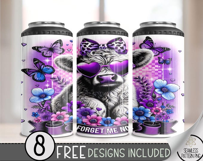Alzheimer's Disease Awareness Cow 4 In 1 Can Cooler Tumbler Wrap, Seamless Forget Me Not 16 Oz Can Cooler Sublimation Design PNG