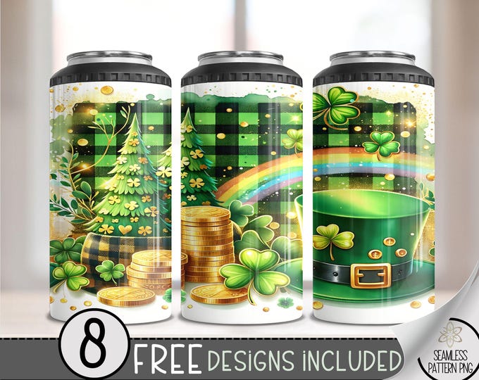 Shamrock 4 in 1 Can Cooler Wrap, Leprechaun Hat 4in1 Tumbler PNG, St Patrick's Day 16 Oz Can Cooler Sublimation Design, Clover Rainbow File