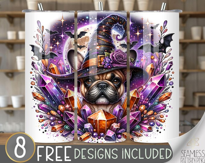 Halloween French Bull Dog 20 oz Tumbler Wrap, Dog 20oz Skinny Tumbler Design,Whimsical Jeweled Frenchie & Crystal Halloween instant Download