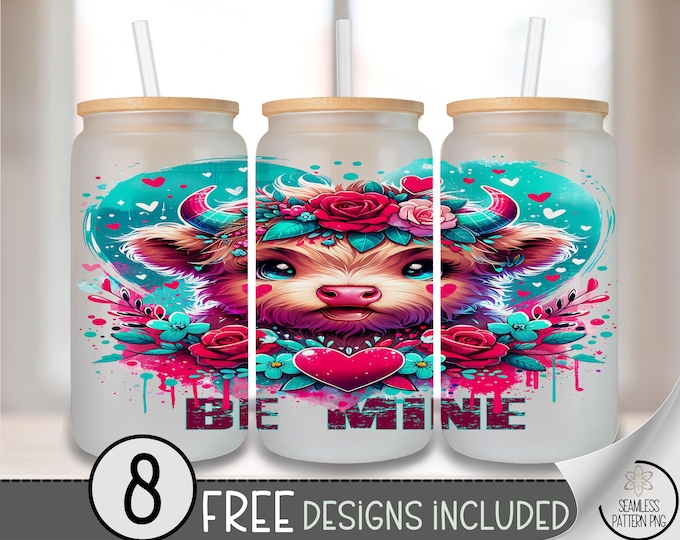 Be Mine Glass Can Wrap, Vday Highland Cow 16oz Glass Tumbler Sublimation Design, digital download, Colorful Kawaii PNG file, A651