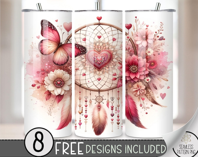 Valentines Day Tumbler Wrap,Boho Dreamcatcher Butterfly Floral Sublimation Design PNG, Ethereal 20Oz Skinny Tumbler File,Mandala Tumbler PNG