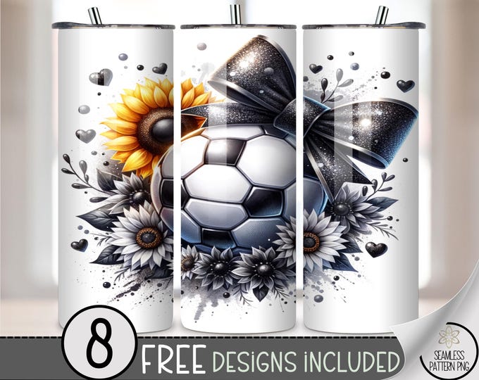 20oz Soccer Tumbler Wrap, Rhinestone Bow Floral PNG, Glam Soccer Ball Sublimation Design, Sparkly Sports Mom Skinny Wrap, A400