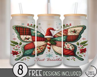 Quilted Just Breathe Glass Can Wrap, Boho 16oz Glass Tumbler Sublimation Design, Digital Download, Positive Patchwork PNG File, A489