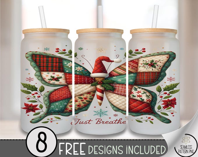 Quilted Just Breathe Glass Can Wrap, Boho 16oz Glass Tumbler Sublimation Design, Digital Download, Positive Patchwork PNG File, A489