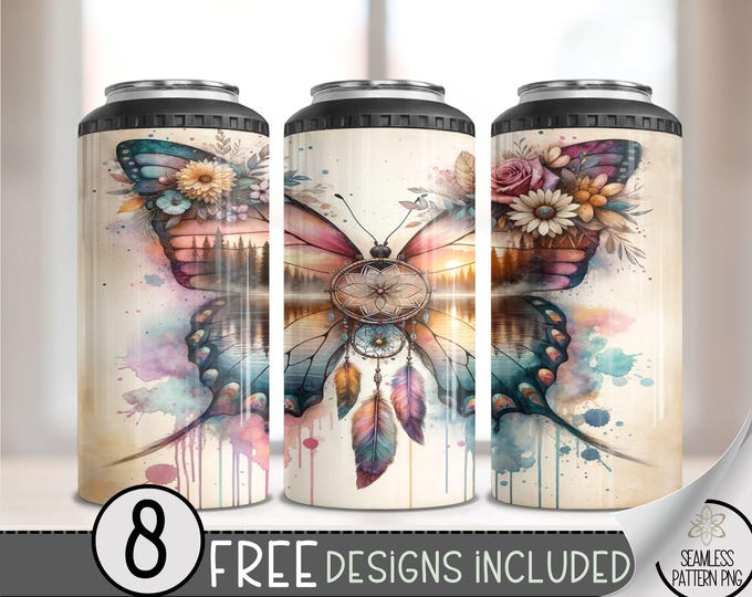 Boho Dreamcatcher Butterfly Floral 4in1 Can Cooler Wrap,Sunset Lake 4 in 1 Tumbler PNG,Seamless Ethereal 16 Oz Can Cooler Sublimation Design