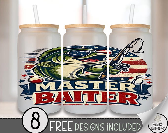 Master Baiter PNG, Glass Can Wrap, Bass Fish 16 oz, Sublimation Design, Digital Download, B10033