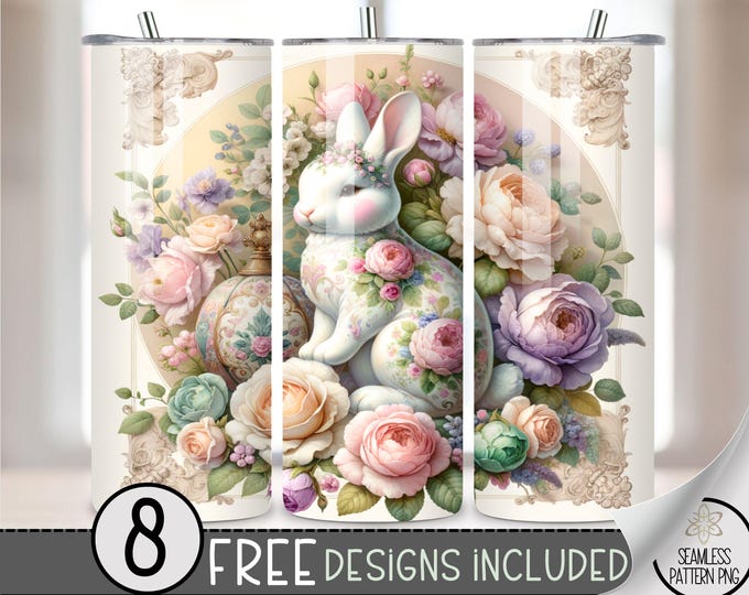 Rococo Easter Tumbler Wrap, Shabby Chic 20oz Skinny Tumbler Sublimation Design, Easter Bunny Tumbler Wrap File PNG, Grand Millennial Easter