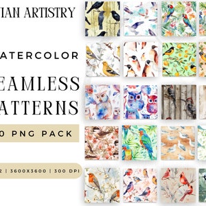 Bundle PNG motif transparent artistique aviaire numérique, fichier de sublimation oiseau de printemps, aquarelle tropicale d'été répétitif Pack usage Commercial