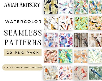 Digital Avian Artistry Seamless Pattern PNG Bundle, Spring Bird Sublimation File, Summer Tropical Watercolor Repeating Pack Commercial Use