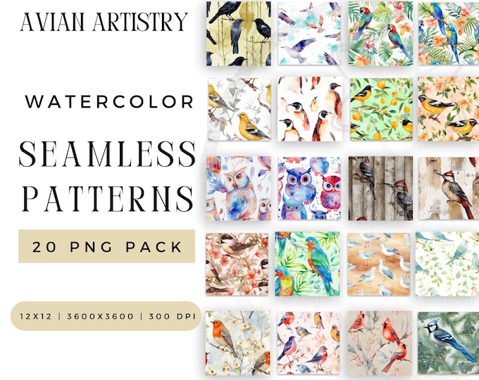 Digital Avian Artistry Seamless Pattern PNG Bundle, Spring Bird Sublimation File, Summer Tropical Watercolor Repeating Pack Commercial Use