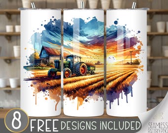 Tractor Rustic Ranch Tumbler Wrap Design Farm Life 20 oz Skinny Tumbler Sublimation Sunset Farm PNG Instant Digital, Farm Tractor Tumbler