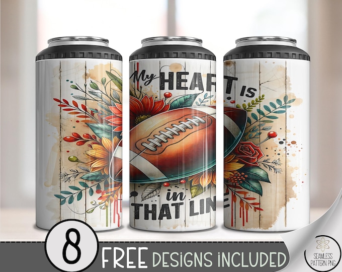 Rustic Autumn Football Can Cooler Wrap, Vintage Floral Sports Designs, Perfect Game Day 4in1 Cooler PNG, Printable Sublimation Designs A438