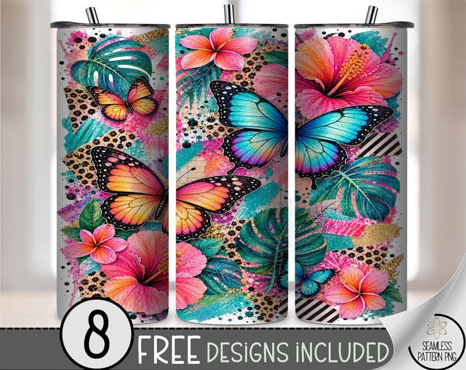 Tropical Butterfly 20 oz Tumbler Wrap, Colorful Sublimation Design for Straight Tumblers, Boho PNG Files, Digital Download, B10508