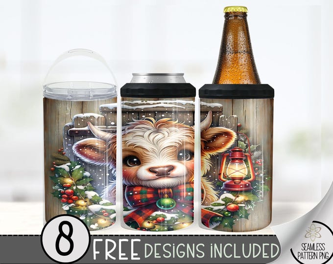Seamless Highland Cow Christmas Hard Can Cooler Design, Xmas 16oz Slim Can Cooler PNG, Holiday 4in1 Can Cooler Tumbler Wrap