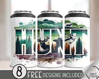 Deer Hunting 4in1 Can Cooler Wrap, Hunter 4 in 1 Tumbler PNG, Seamless Compound Bow 16 Oz Can Cooler Sublimation Design, Forest Mountain PNG