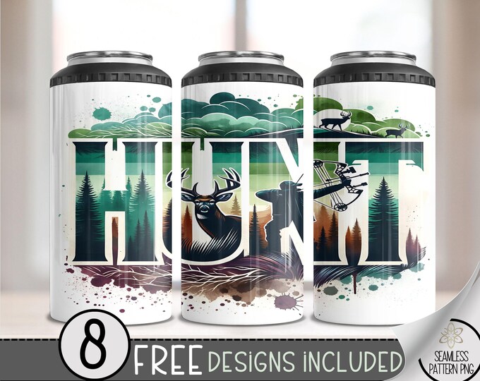 Deer Hunting 4in1 Can Cooler Wrap, Hunter 4 in 1 Tumbler PNG, Seamless Compound Bow 16 Oz Can Cooler Sublimation Design, Forest Mountain PNG