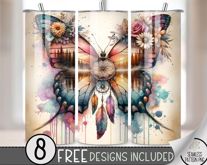 Dreamcatcher Butterfly Floral Tumbler Wrap, Flower Sunset Sublimation Design PNG, Ethereal 20Oz Skinny Tumbler File, Boho Lake Tumbler PNG