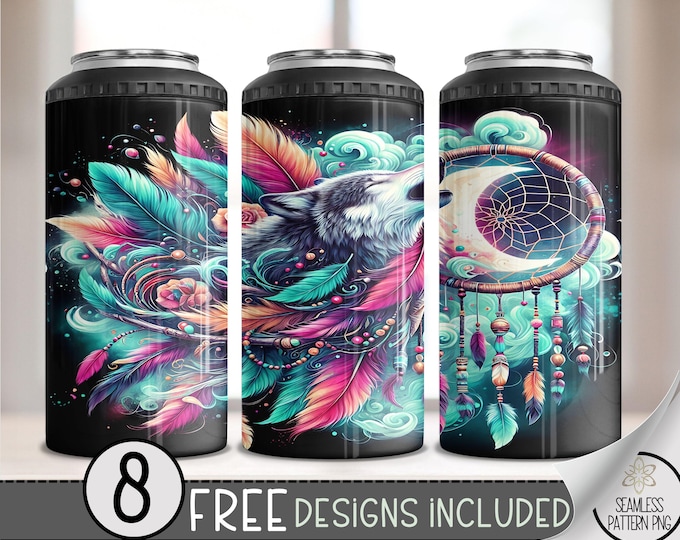 Floral Wolf Can Cooler Wrap, Dreamcatcher 16 oz 4-in-1 Cooler Sublimation, Boho Moon Dream 16Oz Tumbler File, Mystical Design File PNG