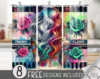 Trashy Classy Tumbler Wrap, Funny 20 oz Skinny Tumbler Sublimation Design, Tattoo Girl Tumbler Design, Straight Neon Rainbow Design File PNG