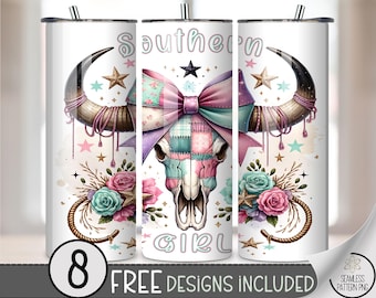 Boho Western 20 oz Tumbler Wrap: Southern Girl Skull with Plaid Bow Sublimation Design for Skinny Tumblers, Rustic Floral PNG Files A512