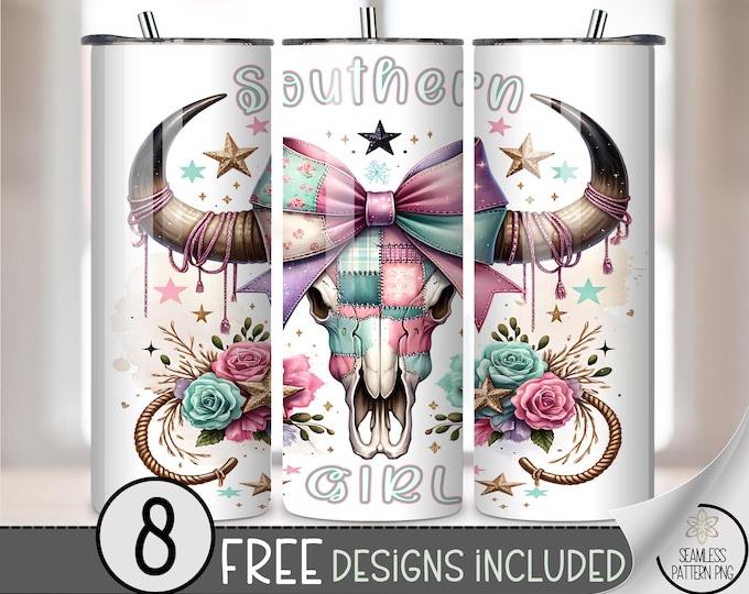 Boho Western 20 oz Tumbler Wrap: Southern Girl Skull with Plaid Bow Sublimation Design for Skinny Tumblers, Rustic Floral PNG Files A512